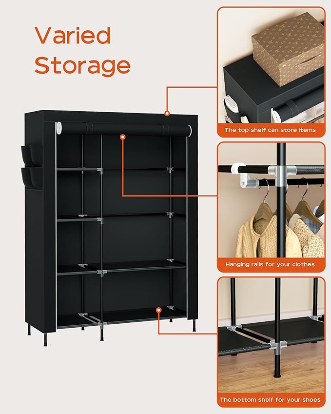 Portable Closet, 48 Inch Large Capacity Wardrobe Closet with Cover, Clothes Storage Organizer with Shelves and 1 Hanging Rod, Easy to Assembly, Black PCT221B01
