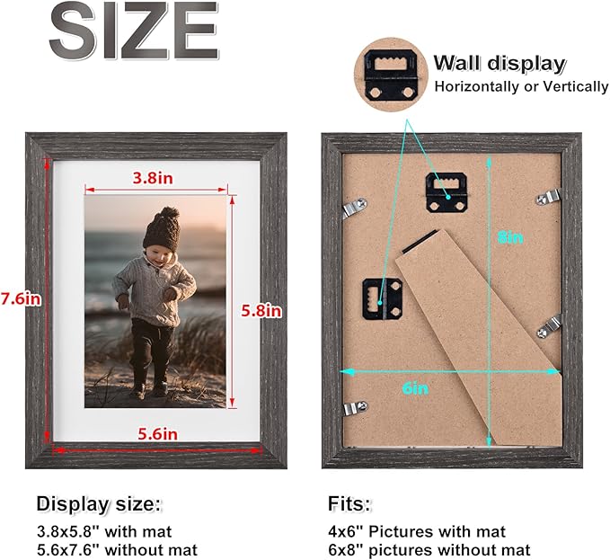 KINLINK 6x8 Picture Frame Ash Black, Solid Wood Frames with Acrylic Plexiglass for Pictures 4x6 with Mat or 6x8 without Mat, Tabletop and Wall Display Photo Frame, Set of 4