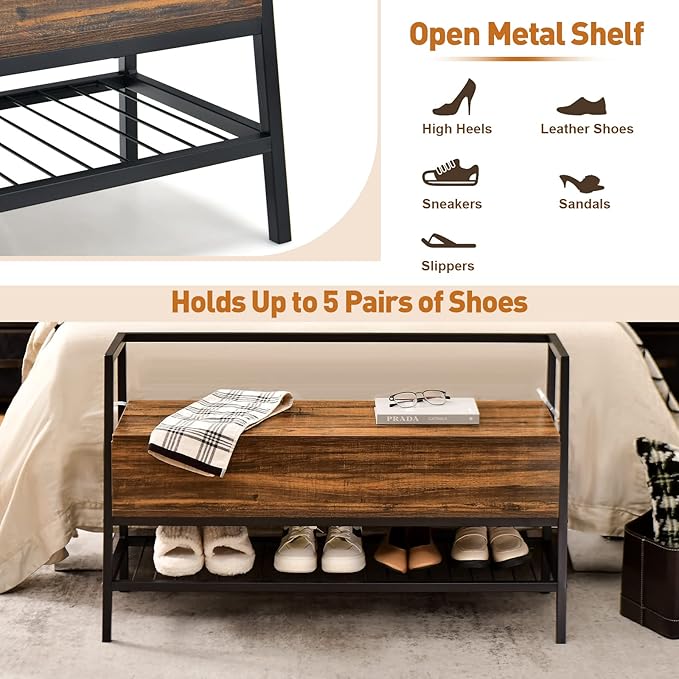 Giantex 3-in-1 Shoe Storage Bench, Rustic Brown, Metal Frame, 440 lbs Capacity, Anti-Toppling Devices, 3 Functional Areas
