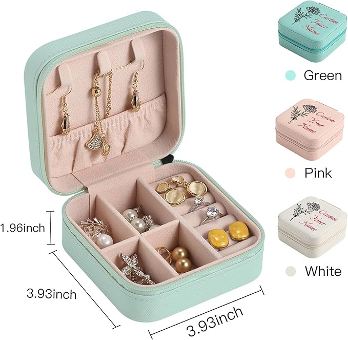 Personalized Jewelry Boxes for Women, Custom Travel Jewelry Case with Name and Birth Flower Month, Portable Jewelry Box Organizer for Mom Birthday Gifts (Blue Customizable)