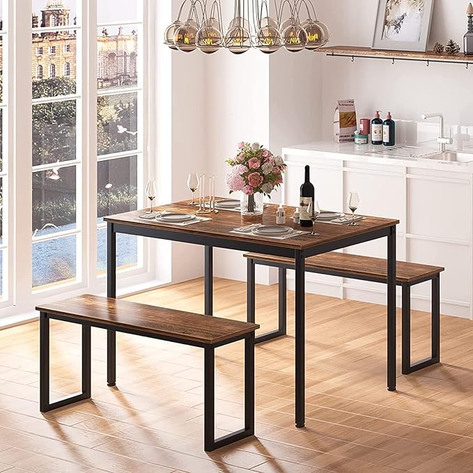 soges 3 PCS Dining Table Set for 4 with 2 Benches, Soho Dining Table and Chairs Set, Industrial Kitchen Table and Chairs Kitchen Breakfast Table Set, Dining Set with Metal Frame, Brown