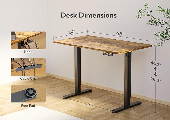 Claiks Electric Standing Desk, Adjustable Height Stand up Desk, 24x48 Inches Sit Stand Home Office Desk with Splice Board, Black Frame/Rustic Brown Top