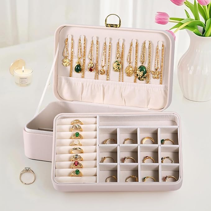 Travel Jewelry Case With Lock, 2-Layer PU Leather Jewelry Box for Women, Ring Box and Jewelry Organizer, Large Jewelry Travel Case,Best Gifts for Women for the Holidays(White)