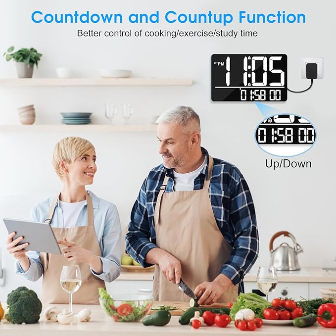 13" Bluetooth Auto Sync Wall Clock - Large Digital Alarm Clock with Remote, 25 Ringtones, Dual Alarm, Adjustable Brightness, 12/24H, Auto DST, for Living Room, Kitchen, Office, Elderly