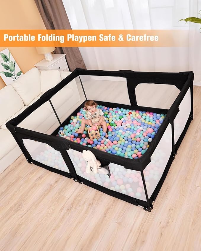 Foldable Baby Playpen with Gate, Extra Large Collapsible Play Yard for Babies & Toddlers, Portable Travel Playpen, Baby Activity Center for Indoor & Outdoor Use (Black 59"×71")