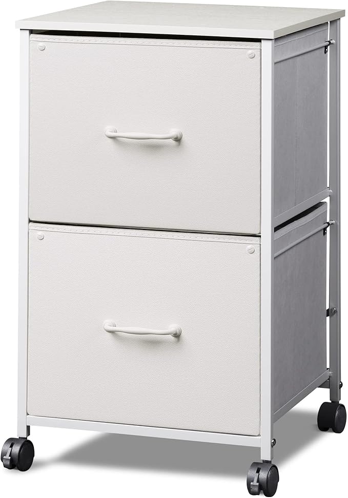 DEVAISE 2 Drawer Mobile File Cabinet, Rolling Printer Stand with Open Storage Shelf, Fabric Vertical Filing Cabinet fits A4 or Letter Size for Home Office, White