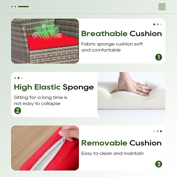 FDW | 3-Piece Patio Furniture Set | Gray & Red | Outdoor Wicker Furniture with Coffee Table | Modern Rattan Chairs Conversation Set | Outdoor Seating | Weather-Resistant | for Porch, Garden, Lawn