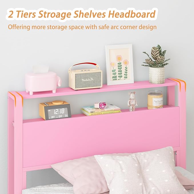 Weehom Twin Bed Frames for Kids with 2 Tiers Wood Storage Shelves Headboard, Twin Size Bed No Box Spring Needed Easy Assembly Metal Platform for Girls and Adults, Pink