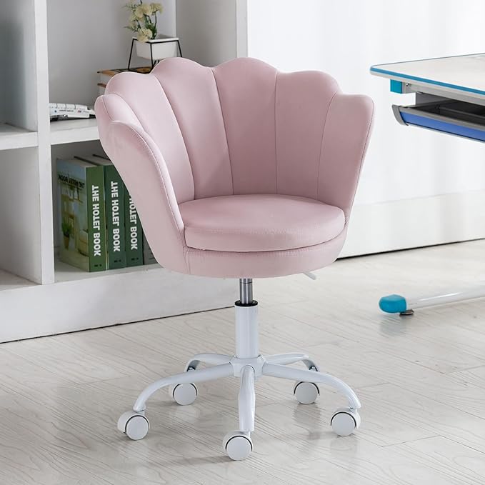 Pink Kids Desk Chair, Cute Velvet Adjustable Children Desk Chair Rolling Study Armchair Upholstered Computer Chair Shell Back 360° Swivel Vanity Chair for Teen Boys Girls Bedroom Study