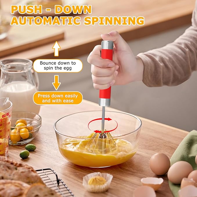 Stainless Steel Semi-automatic Whisk, 3 PCS Hand Push Rotary Whisk Blender for Making Cream, Whisking, Blending, Mixing, Whipping Smoothies & Shakes (10 &12 &14 Inch)