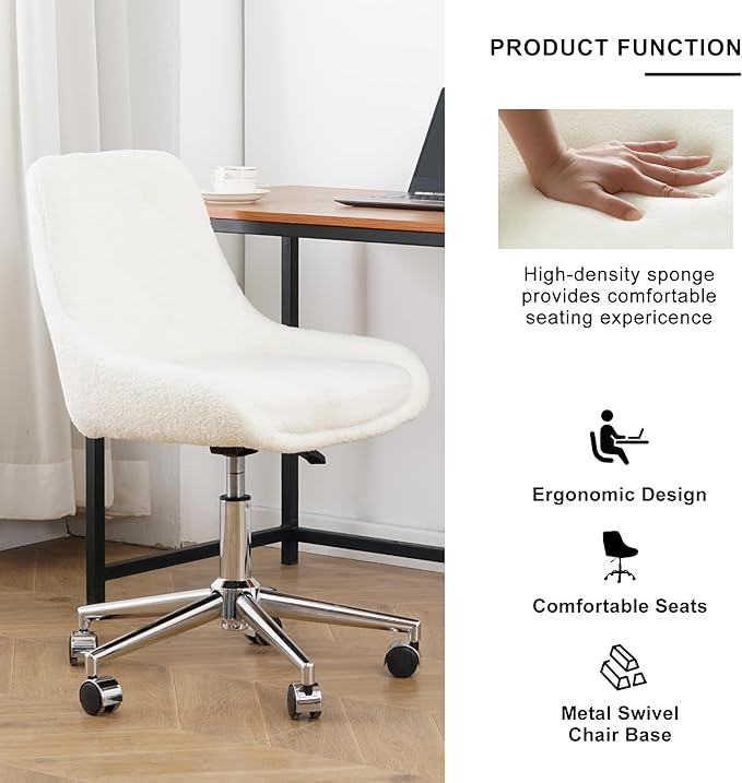 Furnimart 360° Swivel Rolling Desk Chair, Height Adjustable Vanity Chair with Silver Legs, Cute Task Chair with Wheels for Dorm Bedroom Studying Small Places (Teddy Beige)