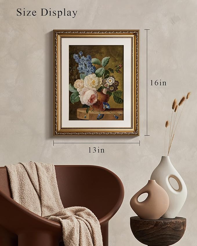 VIYYIEA Gold Framed Wall Art Canvas Print Home Decor Vintage Floral Wall Decor Flower Bathroom Art Decor Aesthetic Room Decor Oil Painting Retro Plants Still Life Wall Pictures Bedroom Gifts 13x16in
