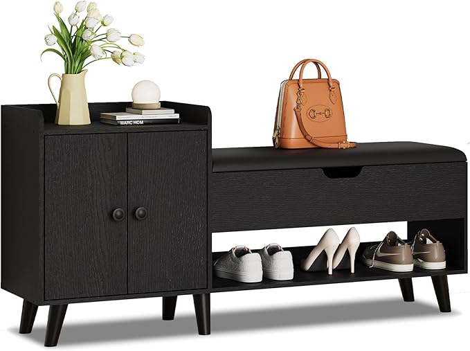 50" Entryway Shoe Bench with Hidden Storage,Shoe Organizer Storage Bench with Shelf and Cabinet Entryway Bench for Bedroom Living Room and Hallway