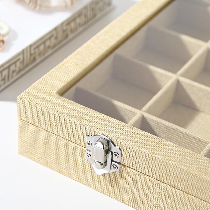 Coward Jewelry Organizer Box, Yellow Linen 24 Grids Ring Earring Jewelry Display Tray Case with Transparent Glass Lid for Home Drawer or Shop Selling