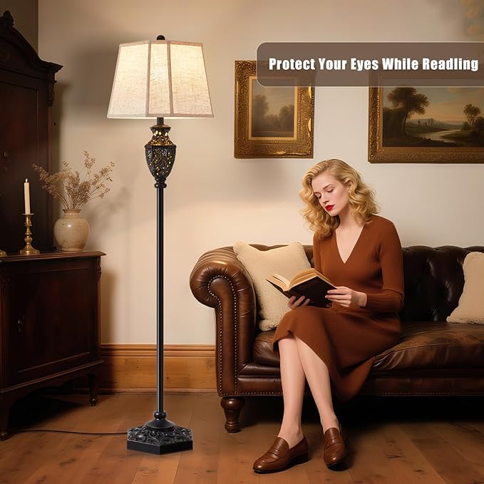 Luvkczc Vintage Black Floor Lamp - Hand-Painted Gold Resin with 6-Sided Carved Hollow Nightlight, Traditional Standing Lamp for Living Room, Bedroom, Study (Bulb Included)