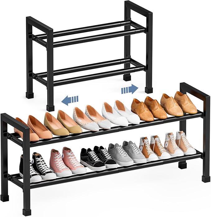 Mavivegue Expandable Shoe Rack, 2-Tier 19"-43.3" Adjustable Shoe Rack for Closet,Hall Entryway,Front Door,Garage, Sturdy Steel Space-Saving Rack, Black