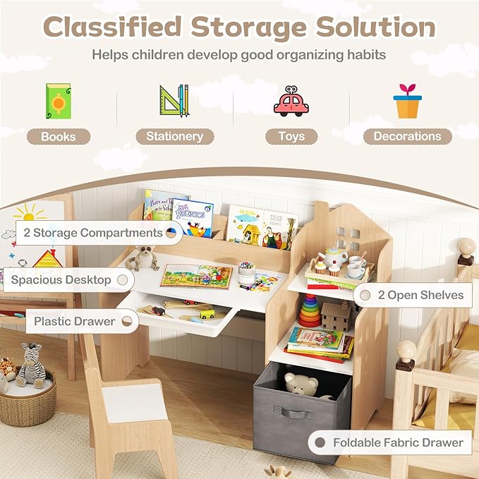 Costzon Kids Desk and Chair Set, Wooden Children Multi-Activity Table with Hutch, Bookshelf, Drawer & Fabric Storage Bin, Kids Table and Chair Set for Drawing, Writing, Crafts