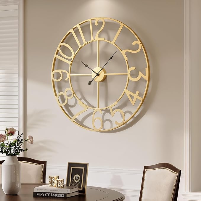 Extra Large Wall Clock 36 Inch Gold Wall Clock Battery Operated, Decorative Gold Clocks Silent Non Ticking for Living Room Kitchen Mantel Decor, Metal Round Modern Clock Arabic Numerals