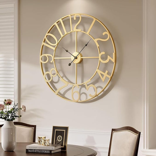 Extra Large Wall Clock 36 Inch Gold Wall Clock Battery Operated, Decorative Gold Clocks Silent Non Ticking for Living Room Kitchen Mantel Decor, Metal Round Modern Clock Arabic Numerals