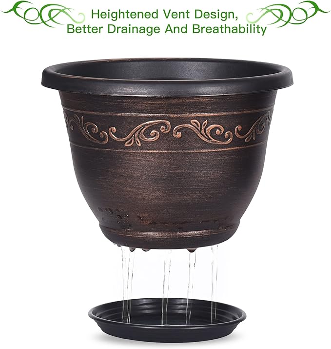 Plastic-Plant-Flower-Planters-14 Inch with Drainage Hole & Saucer, 3 Packs Lightweight Large Resin Flower Pot Indoor Outdoor, Retro Antique Imitation Decorative Garden Containers Sets for Houseplants