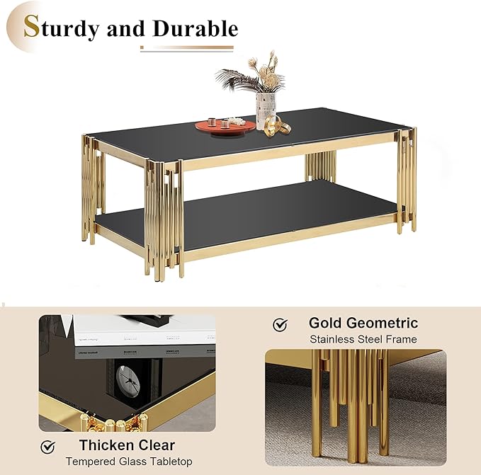 3 Pieces Glass Living Room Table Set Modern Coffee Table Console Table End Table Set with Storage 2-Tier Glass Gold Coffee Table Set w/Stainless Steel Frame for Apartment Home Office