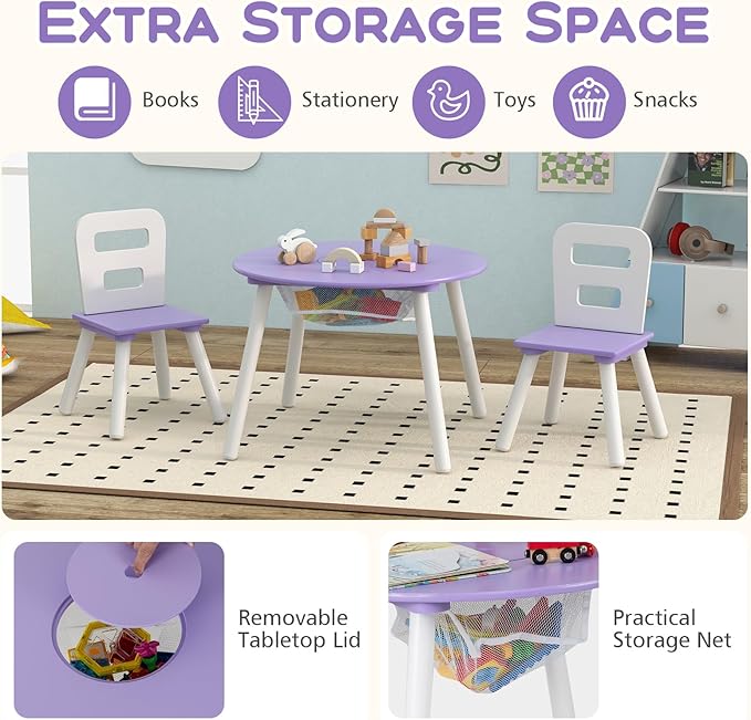 Costzon Kids Table and Chair Set, Wood Activity Table w/Center Mesh Storage, Children Furniture Gift for Boys & Girls, Ideal for Arts, Crafts, Snack Time, Homework, Toddler Table and Chair Set, Purple