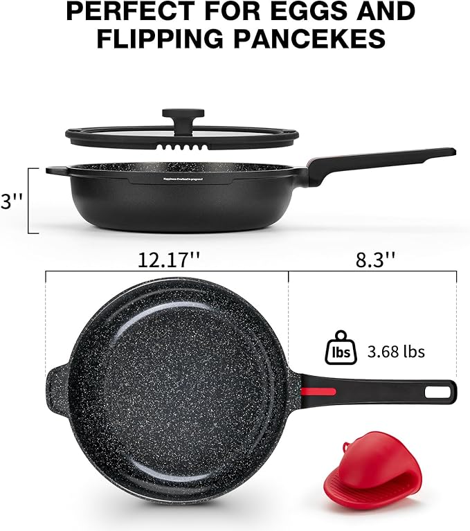 PekGema Nonstick Deep Frying Pan Skillet, Ceramic 12 Inch/4.5 Quart Saute Pan With Lid, Induction Pan, Healthy Non Toxic Cooking Pan With Helper Handle, PFOA PTFE FREE, Black