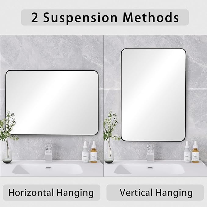 20x30 Inch Black Framed Bathroom Mirror, Rounded Corner Rectangle Mirrors for Wall with Tempered Glass Anti-Rust, Shatterproof (Horizontal/Vertical Hanging)