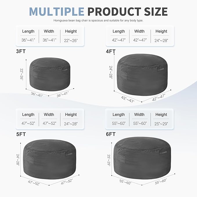 Homguava 4 FT Bean Bag Chair: 4' Bean Bags with Memory Foam Filled, Large Beanbag Chairs Soft Sofa with Dutch Velvet Cover-Grey