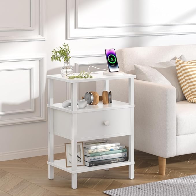 Lerliuo Nightstand Set of 2 with Charging Station and USB Ports, 3-Tier Storage End Table with Drawer Shelf, Night Stand for Small Spaces, Wood Bedside Table for Living Room, Bedroom - Elegant White