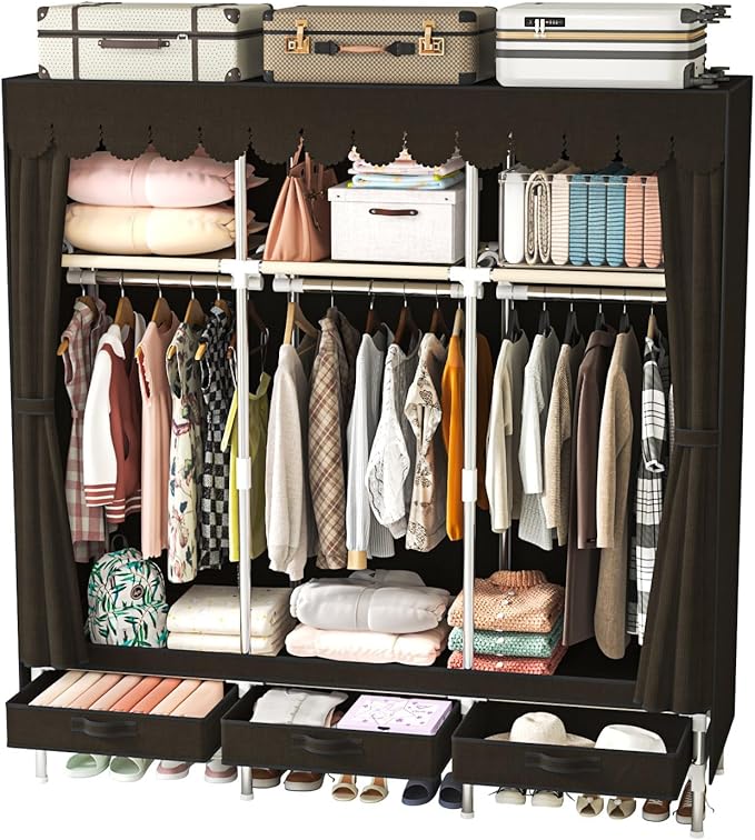Portable Amories Closet Wardrobe with Non Woven Fabric Cover,59 Inch Large Metal Clothes Rack Storage Closet with 3 Hanging Rods,3 Drawers and 3 Storage Shelves,Brown,for Small Room