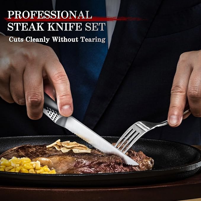 Huusk Serrated Steak Knives Set, 4.5" Japanese Stainless Steel Steak Knives Set of 8, Sharp Dishwasher Safe Dinner Knife for Kitchen Table with Gift Box