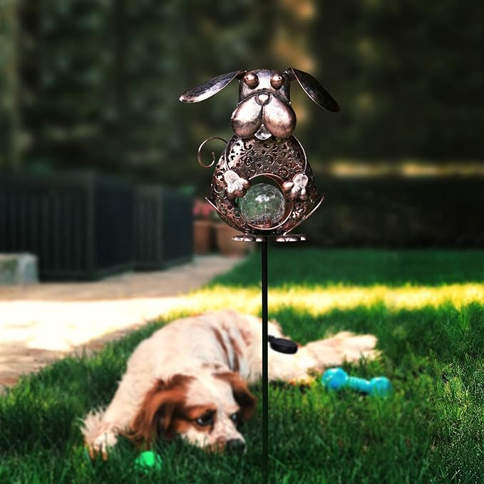 KAIXOXIN Garden Solar Lights Metal Dog Crackle Glass Globe Stake Light,Waterproof Warm White LED Solar Path Lights (Dog-Bronze)