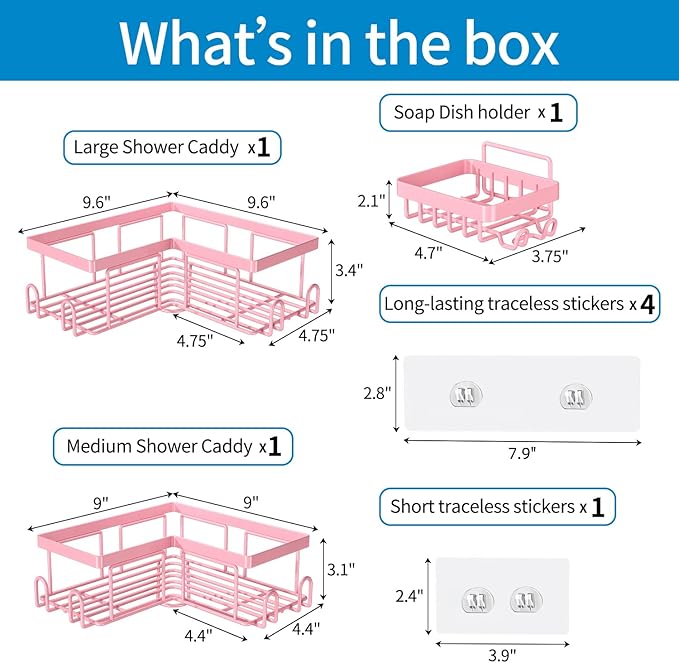Adhesive Corner Shower Caddy - No Drilling Shower Shelves-Rustproof, Organizer for Bathroom with Soap Holder. Pink