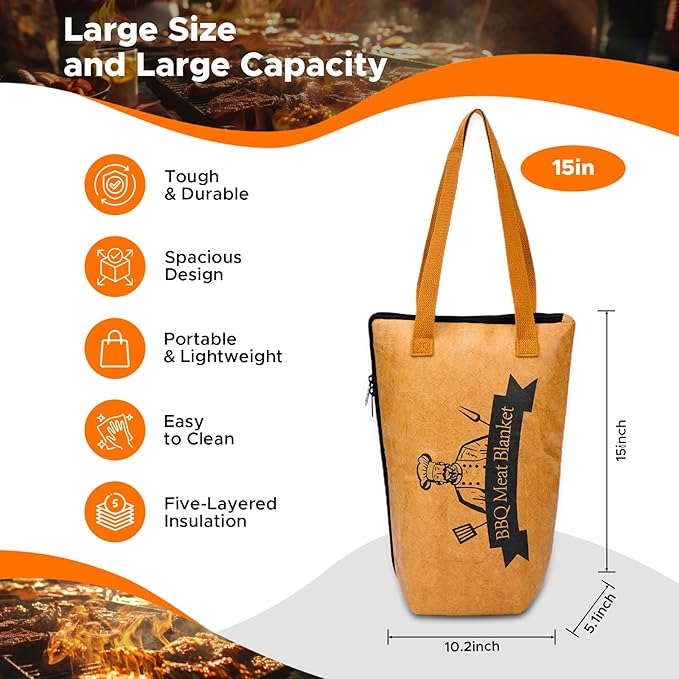 Reusable BBQ Blanket for Resting Meat - Insulated Smoker Grilling Bag with Wide Mouth for Large Brisket Pork Shoulders, and Turkeys Perfect BBQ Accessory & Gift for Men (15in)