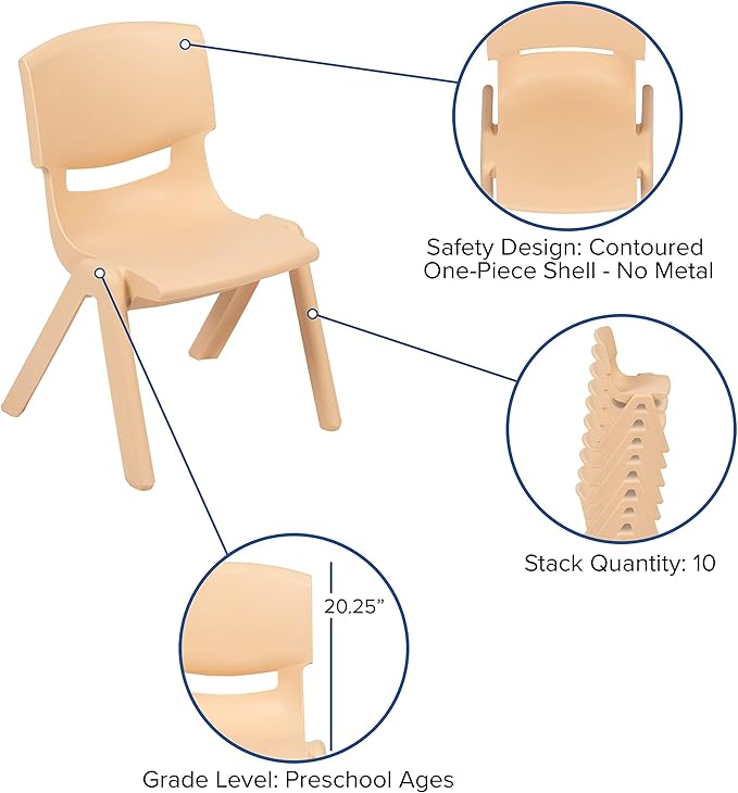 EMMA + OLIVER 2 Pack Natural Plastic Stackable School Chair with 10.5" H Seat, Preschool Chair