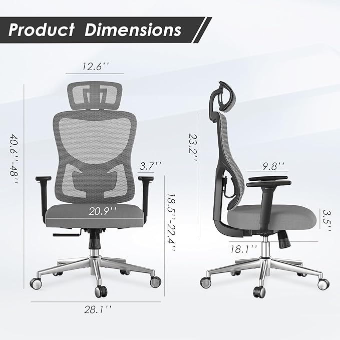 Soohow Ergonomic Office Chair,Mesh Desk Chair with Adjustable Lumbar Support and Headrest,Comfy Computer Chair with 3D Armrest Recling Swivel Chair for Home, Office, Study Room, Black & Grey
