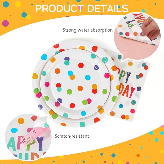 100pcs Birthday Party Plates Disposable Tableware Set Colorful Polka Dots Paper Plates for 25 Guests Party Supplies Baby Shower(Include 7" & 9" Plates, Cups and Napkins)