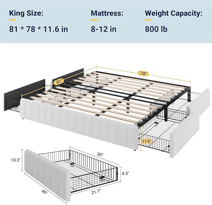 Allewie King Size Platform Bed Frame with 4 Large Storage Drawers, Velvet Vertical Channel Tufted Upholstered Bed Base, Wooden Slats Support, Noise-Free, No Box Spring Needed, Easy Assembly, White