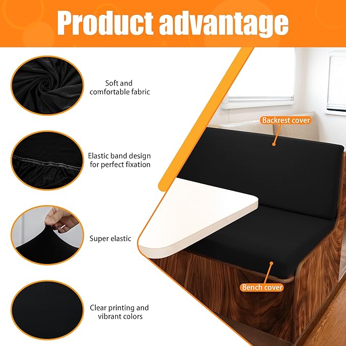 Rv Dinette Cushion Covers,Printing Stretchable Camper Cushion Cover,RV Cushion Slipcover,Rv Couch Cover Replacement for RV Camper Car Bench,2 Backrest Covers and 2 Bench Covers (Black)
