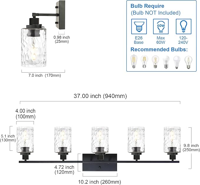 MELUCEE 5-Light Bathroom Lighting Fixtures Over Mirror, Contemporary Black Vanity Light Industrial Wall Lamp with Clear Hammered Glass Shade (Patent No.: US D963914 S)