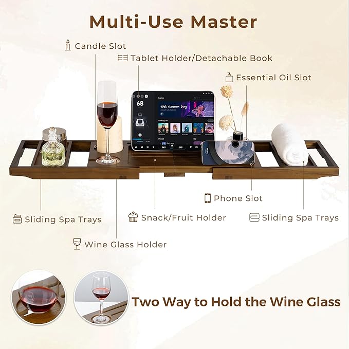 Teak Bathtub Tray Expandable Bathroom Tray for Home Spa Relaxation, Wooden Tray Caddy for Bathtub, Teak Bathtub Caddy as Unique Housewarming, Birthday, Wedding Shower Gifts (Dark Walnut)