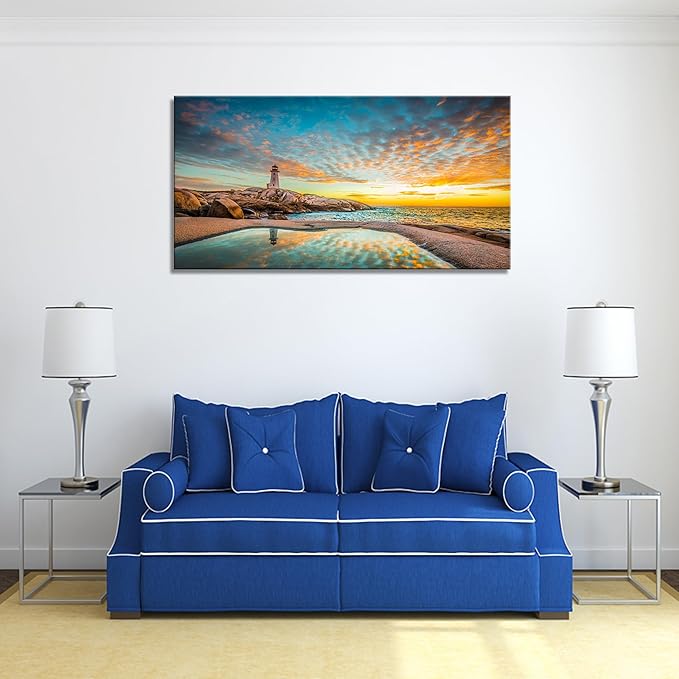 YYYYHPP YP1850 Canvas Prints Wall Art Peggy's Cove Lighthouse Sunset Ocean View Landscape Nature Pictures Stretched Canvas Wooden Framed for Living Room Bedroom and Office Wall Decor