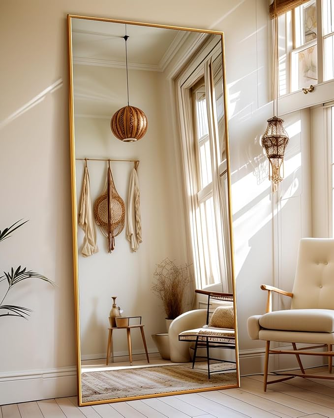 Antok Full Length Mirror, 71"x28" Floor Mirror with Stand, Hanging Mounted Mirrors for Bedroom, Living Room, Cloakroom, Dining Room, Gold, Rect