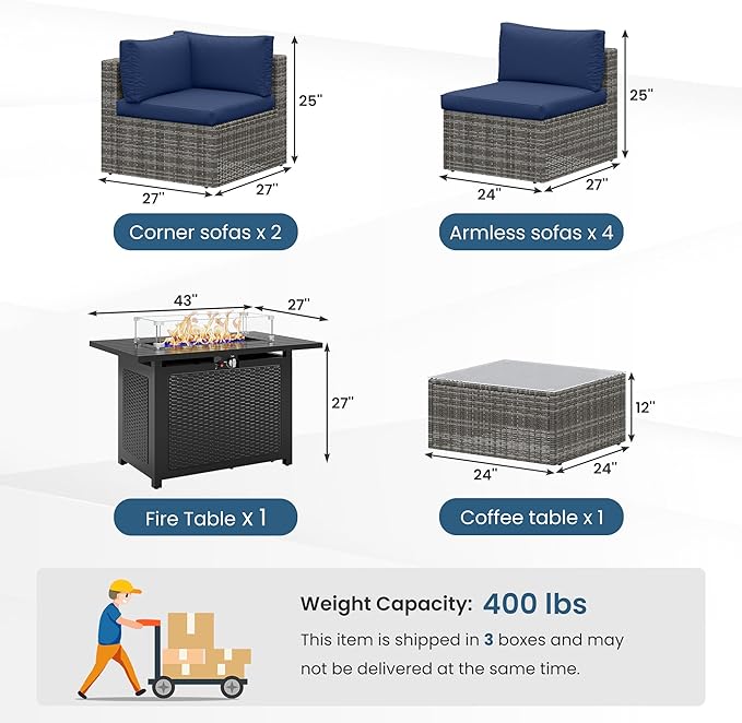 8 Pieces Outdoor Patio Furniture Set with 43" Fire Pit Table, Wicker Outdoor Patio Sectional Sofas Coffee Table, All-Weather Patio Conversation Set with Cushions for Garden Backyard, Navy Blue