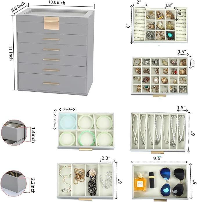 BOOVO Jewelry Boxes for Women, White and Black 6 Layer Large Jewelry Box for Necklace, Bracelet, Earrings, Rings Storage, Jewelry holder Organizer for Girls Gift (Grey, 6 Layer)