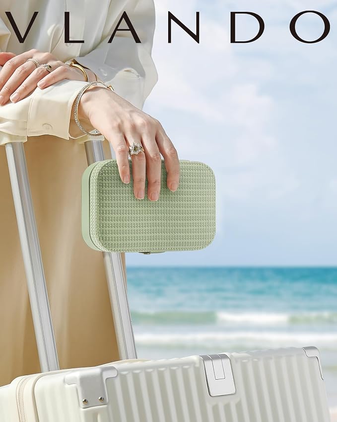 Vlando Travel Jewelry Case, PU Leather Travel Jewelry Box with Earring Holder, Portable Display Small Jewelry Box for Mothers Day Women Girls Gift - Green