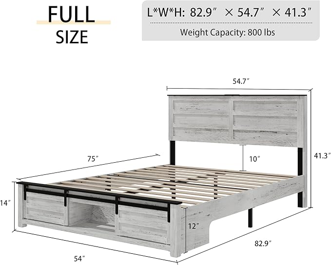 Wooden Full Size Bed Frame with Headboard, Boho White Farmhouse Storage Bedframe with Sliding Barn Door Footboard and Charging Station, Wood Slats, No Box Spring Needed