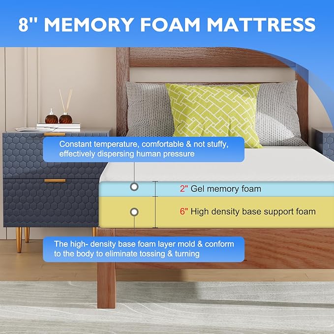 PayLessHere 8 Inch Gel Memory Foam Mattress Medium Firm Mattresses CertiPUR-US Certified Bed-in-a-Box Pressure Relieving Twin XL Size,Fiberglass Free，White