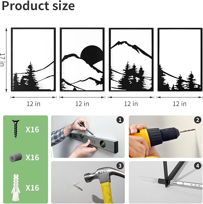 Art3d Black Metal Wall art, 4 Pieces Wall Decor for Living Room Bedroom Hallway Hotel, Natural Mountain Pattern Wall Art Style, Line Art Wall Décor